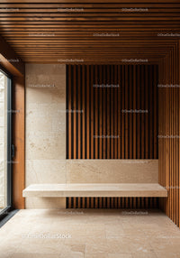 Modern Interior with Wooden Slats and Beige Stone Wall Design
