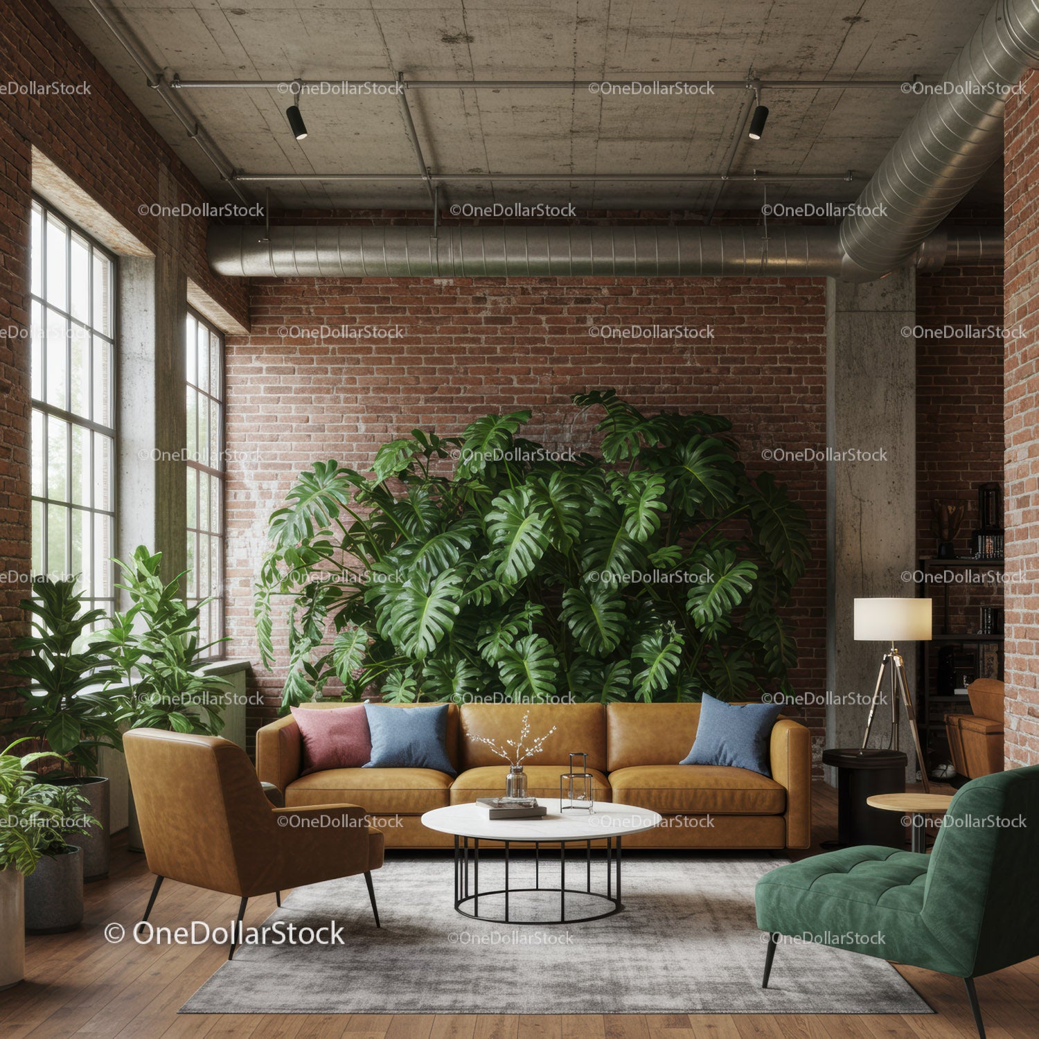 Modern Urban Living Room with Indoor Greenery and Stylish Furniture