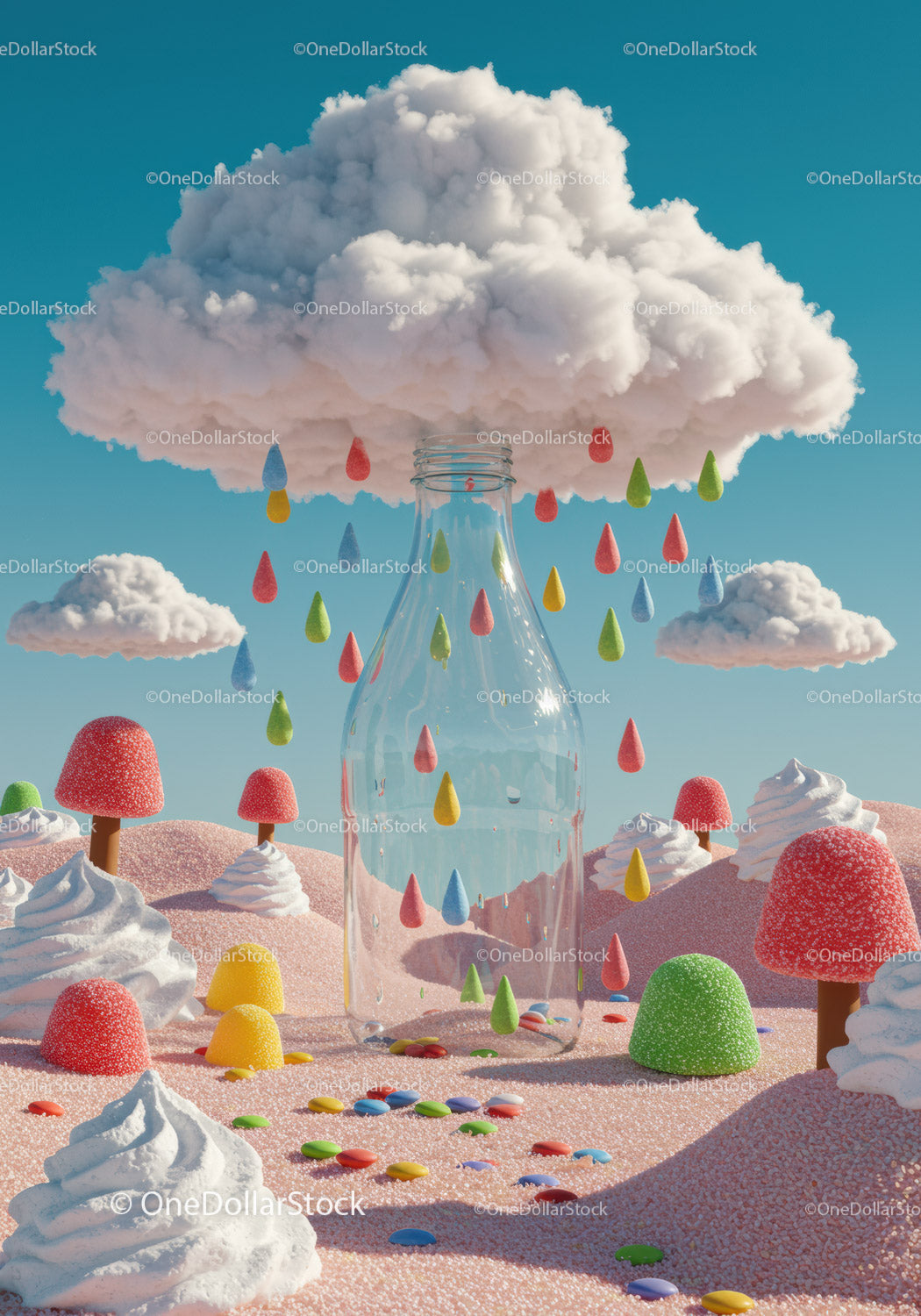 Glass bottle catching colorful raindrops from candy cloud