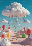 Glass bottle catching colorful raindrops from candy cloud
