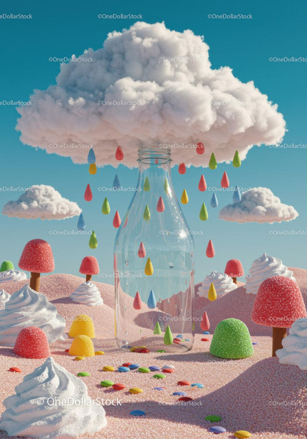 Glass bottle catching colorful raindrops from candy cloud