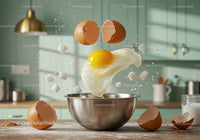 Fresh eggs cracking over metal bowl in bright kitchen