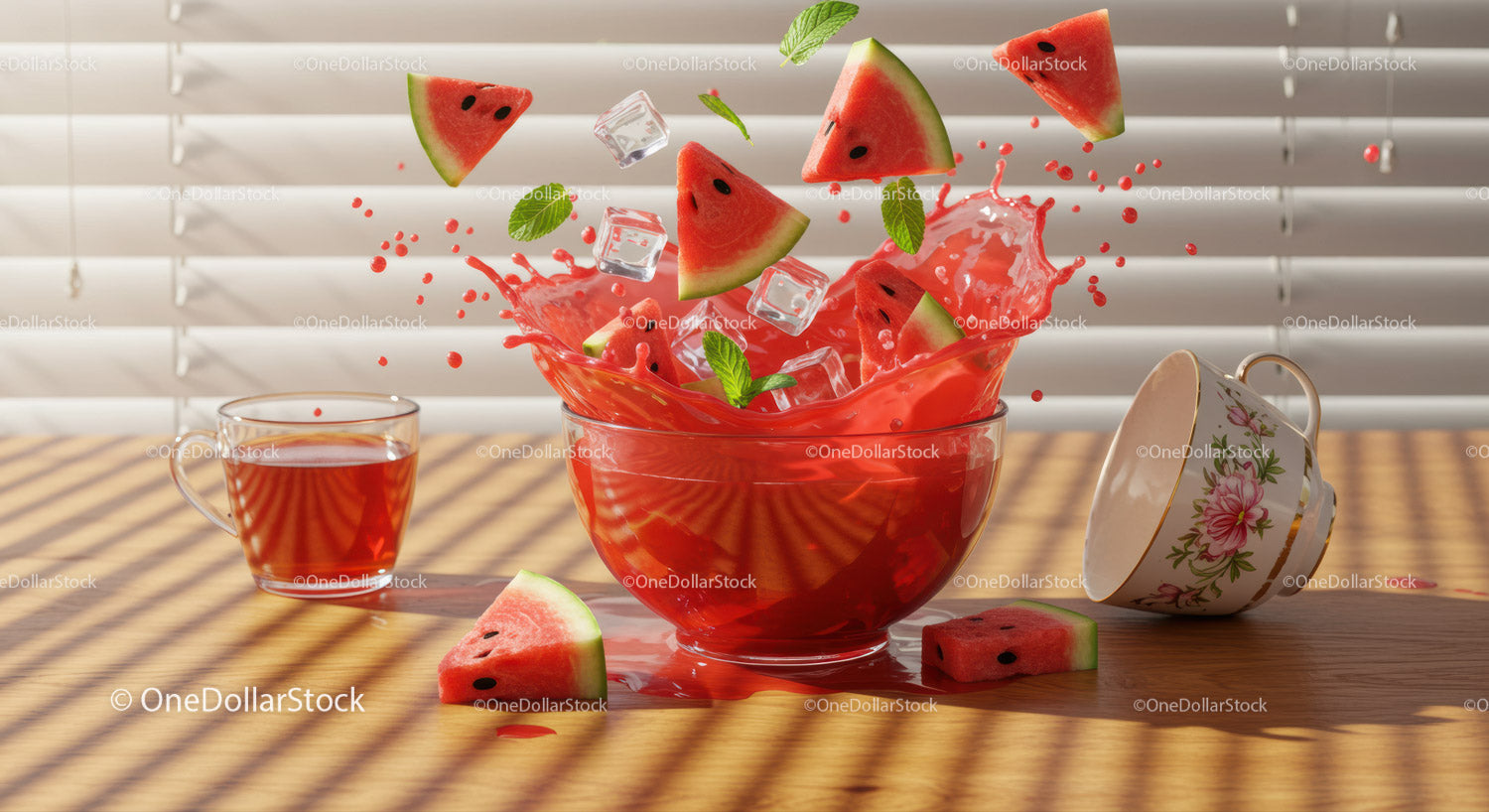 Watermelon Splash with Ice Cubes and Fresh Mint Leaves