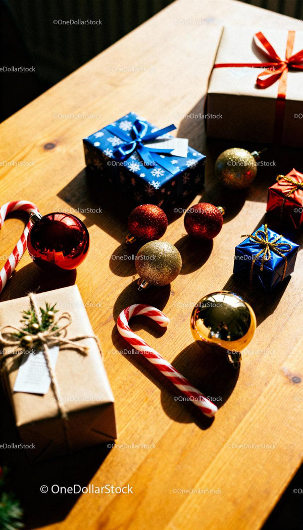 Festive Christmas Gifts and Decorations on Wooden Table