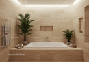 Elegant Beige Stone Bathroom with Potted Palm Plants and Modern bathtub