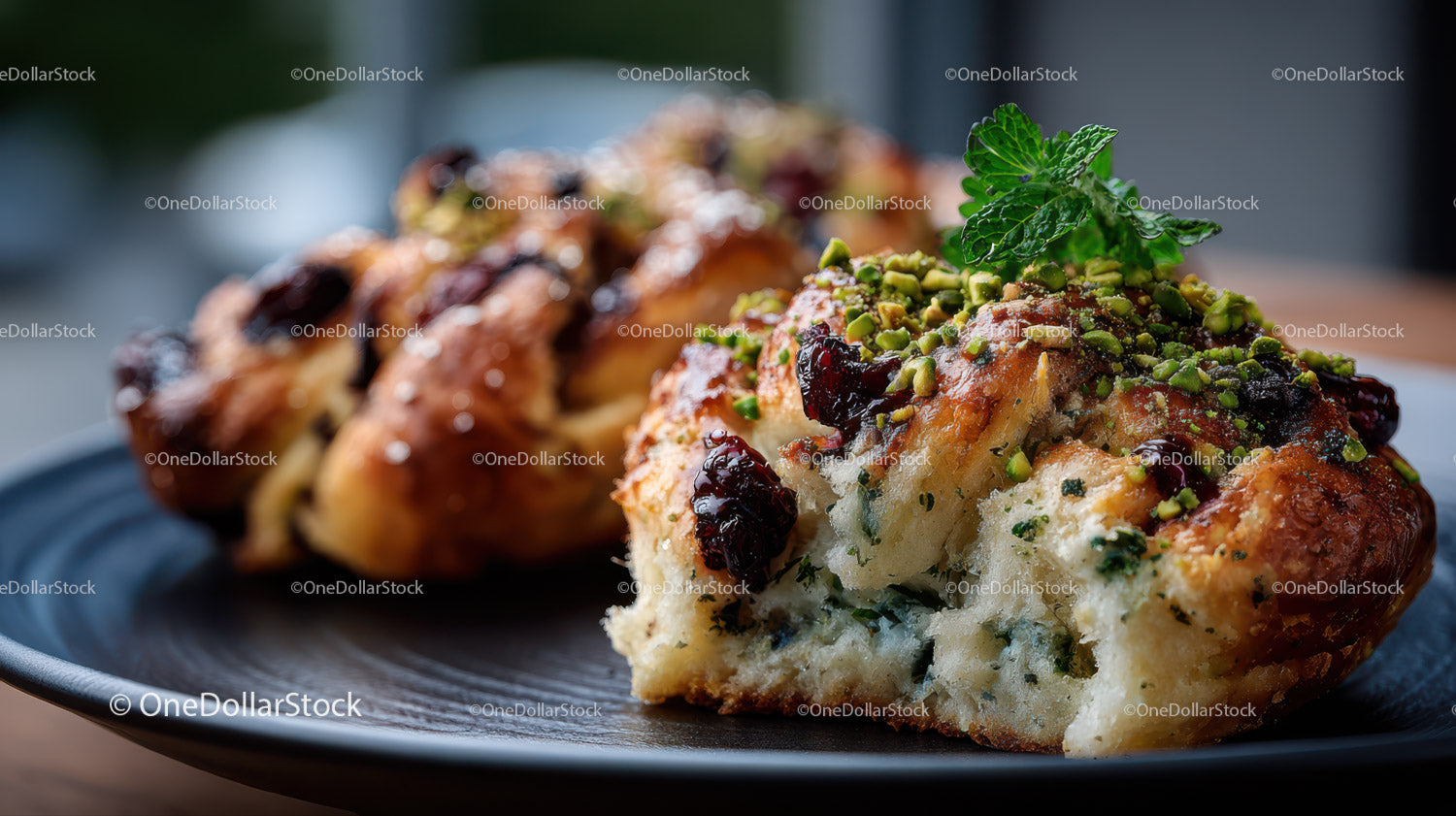 Bakery Pastry with Berries and Pistachios on Black Plate