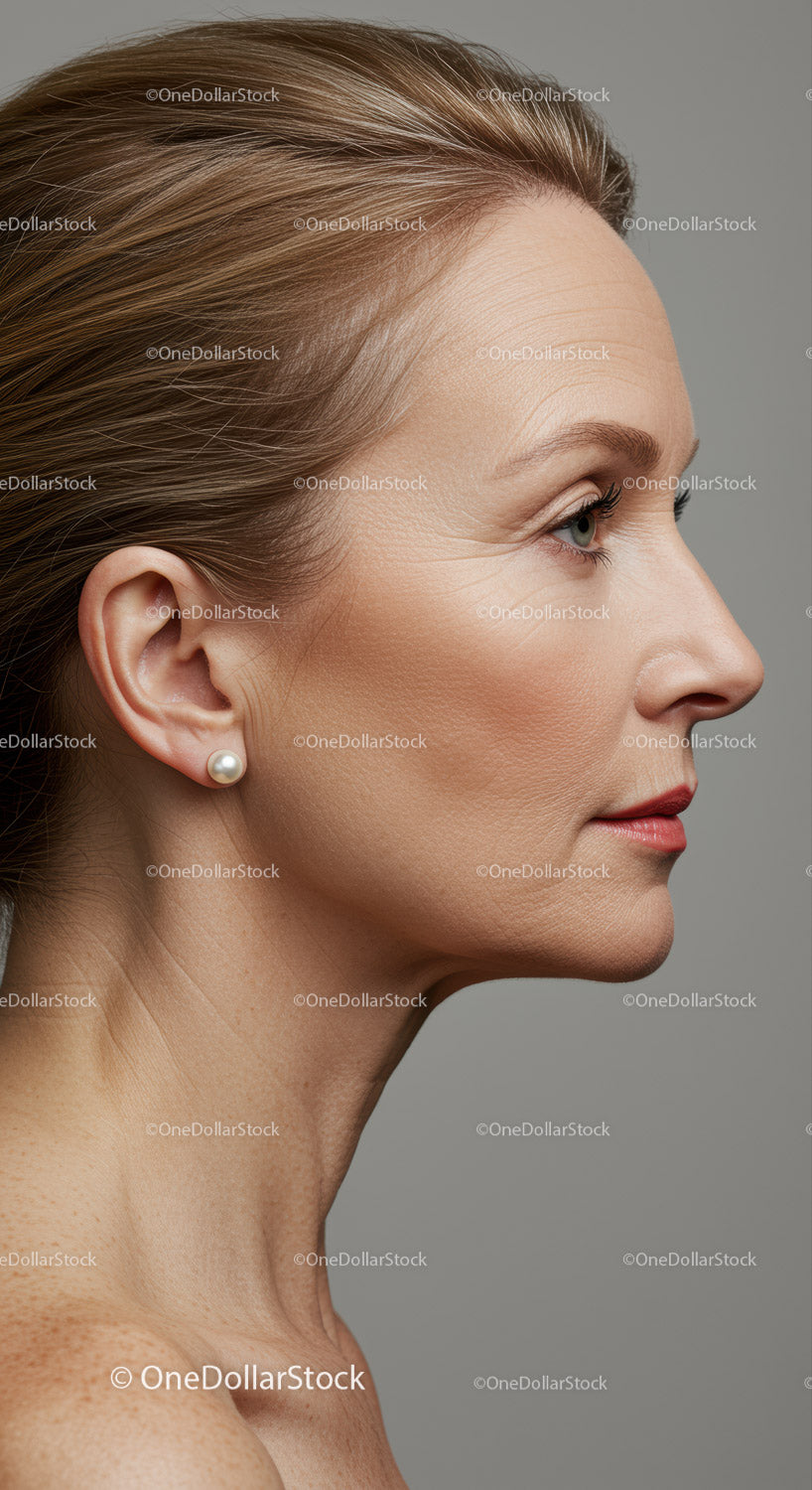 Elegant Mature Woman with Pearl Earring in Side Profile Shot
