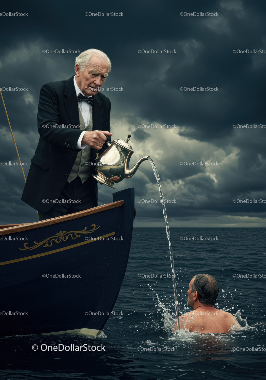 Elderly Man in Tuxedo Pouring Tea from Boat to Swimmer in Stormy Sea