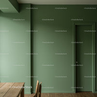 Green Interior Wall with Modern Minimalist Design and Wooden Furniture
