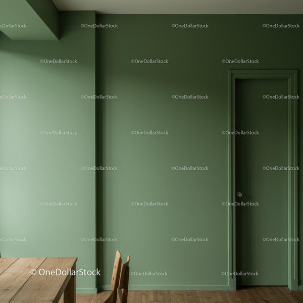 Green Interior Wall with Modern Minimalist Design and Wooden Furniture