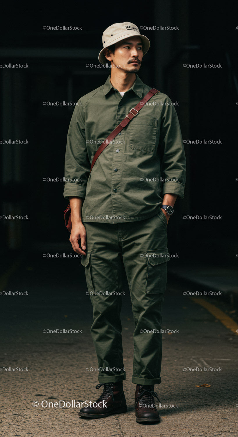 Stylish Man in Green Cargo Outfit and Hat in Urban Setting