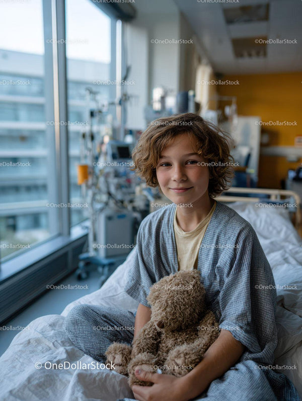 Young Boy Sitting in Hospital Bed Smiling with Teddy Bear
