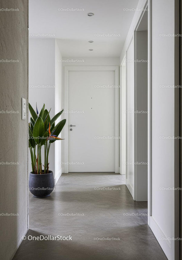 Nowoczesne minimalistyczne wejście do domu z zieloną rośliną i eleganckimi białymi drzwiami