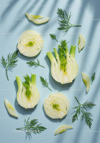Fresh sliced fennel bulbs with dill sprigs on blue surface