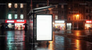 Night City Street with Illuminated Bus Stop and Neon Signs
