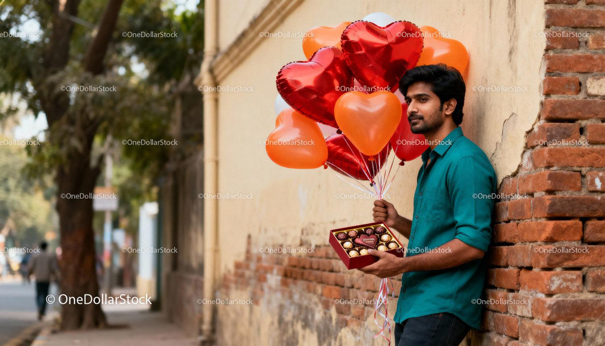 Man Holding Heart Balloons and Chocolates for Valentine