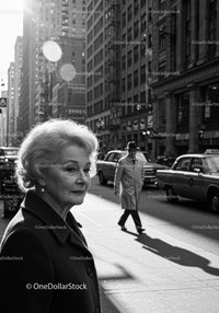 Elderly Woman in Busy City Street Surrounded by Vintage Cars