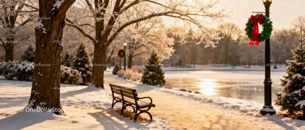 Winter park bench by frozen lake in soft sunlight