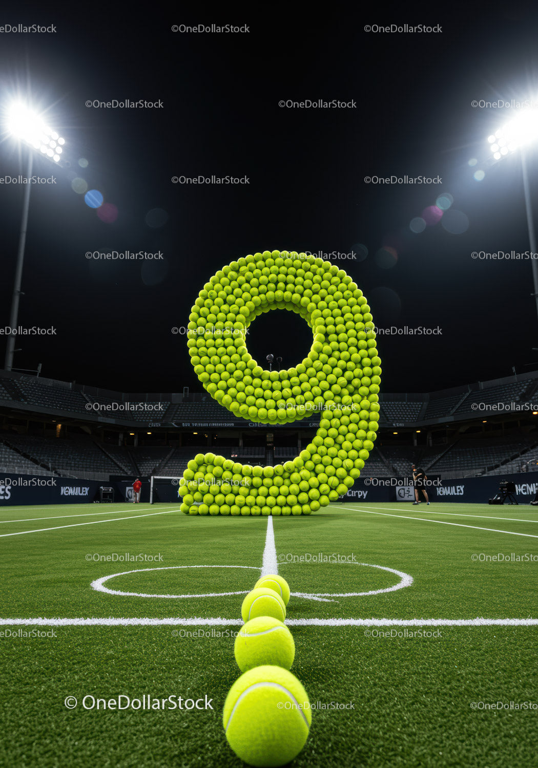 Number Nine Composed of Tennis Balls on Court at Night