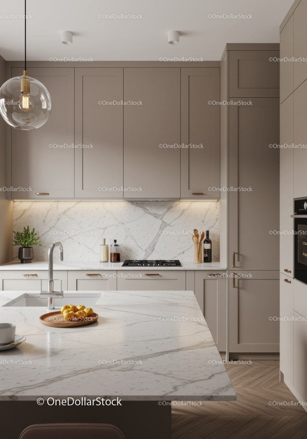 Elegant Modern Kitchen with Beige Cabinets and Marble Countertops
