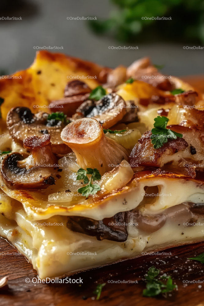 Mushroom and Cheese Pizza with Herbs on Wooden Board