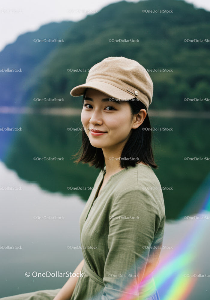 Portrait of a Young Woman in Nature Near a Lake