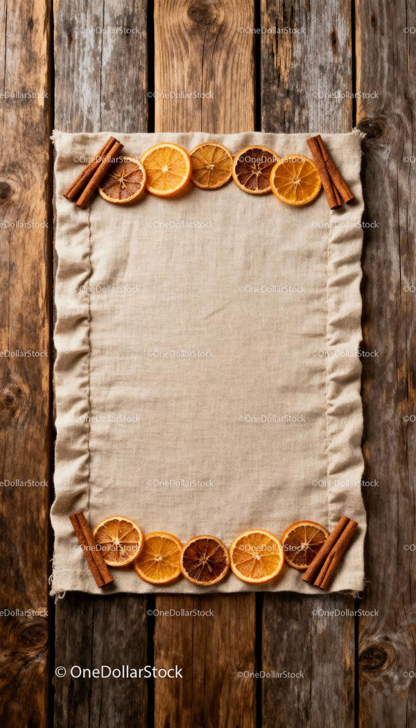 Rustic dried citrus and cinnamon arrangement on cloth