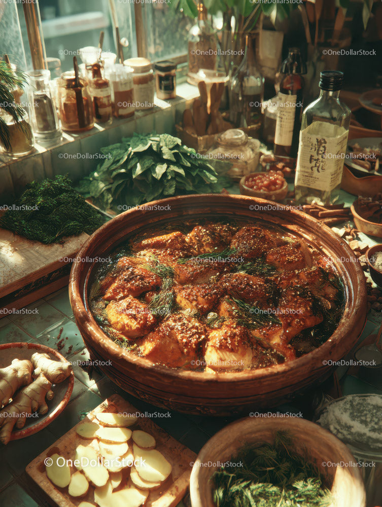 Aromatic Chicken Dish with Fresh Herbs in a Rustic Kitchen Setting