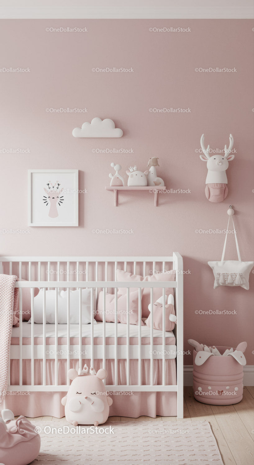 Pink Baby Nursery with Plush Deer and Cloud Wall Decor