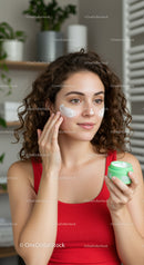 Young Woman Applying Face Cream for Glowing Skin in Home Bathroom