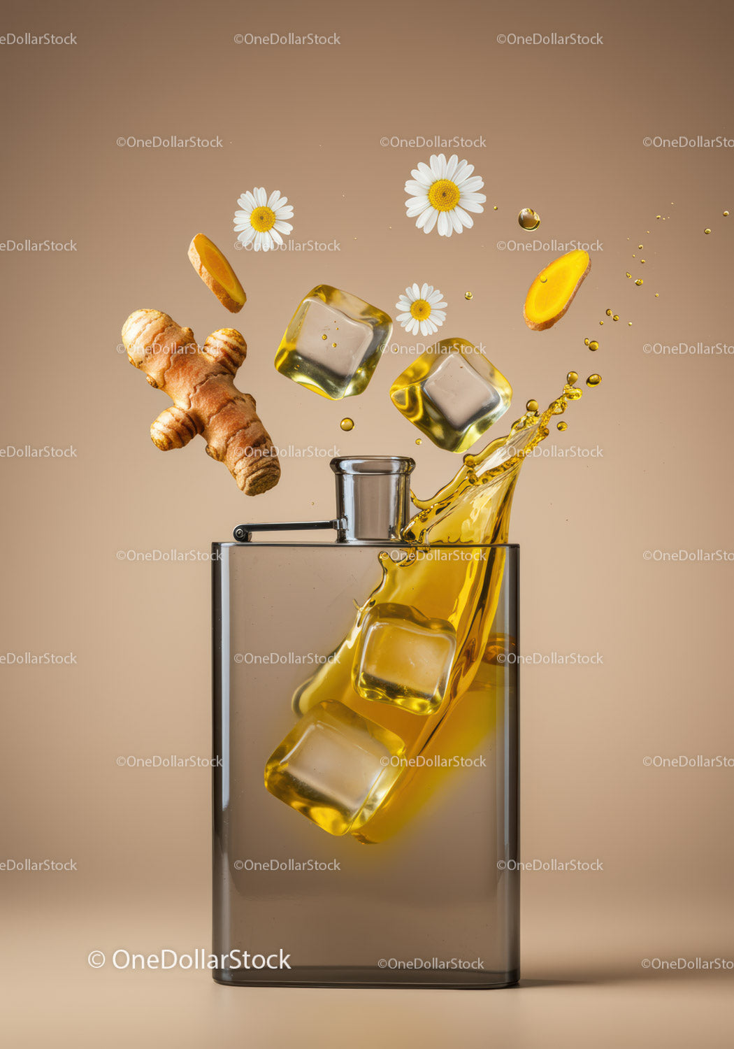 Refreshing turmeric drink with ice and chamomile flowers