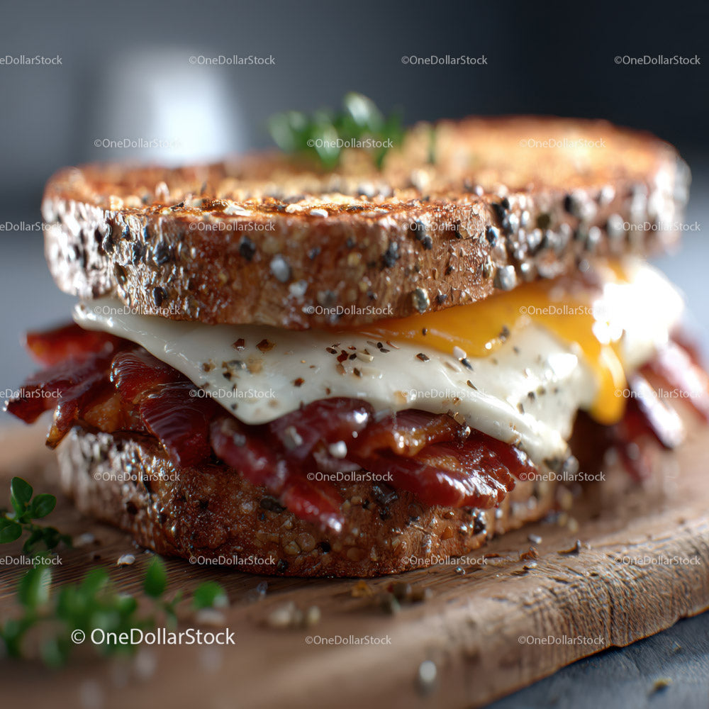 Close-Up of Bacon and Egg Sandwich on Rustic Wooden Cutting Board