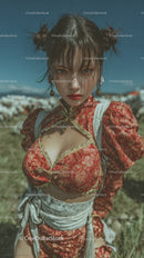 Fashionable Young Woman in Red Traditional Chinese Outfit Outdoors
