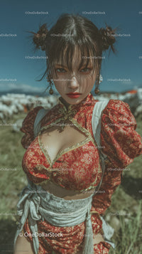 Fashionable Young Woman in Red Traditional Chinese Outfit Outdoors