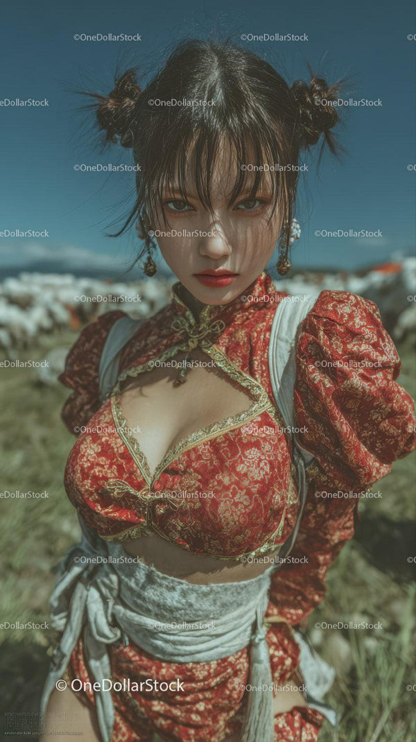 Fashionable Young Woman in Red Traditional Chinese Outfit Outdoors