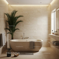 Elegant Beige Marble Bathroom with Large Green Palm and Modern Tub