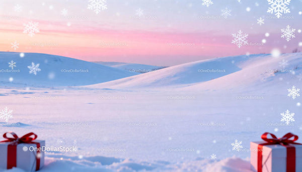 Winter Sunset Snowy Hills with Gift Boxes Decoration