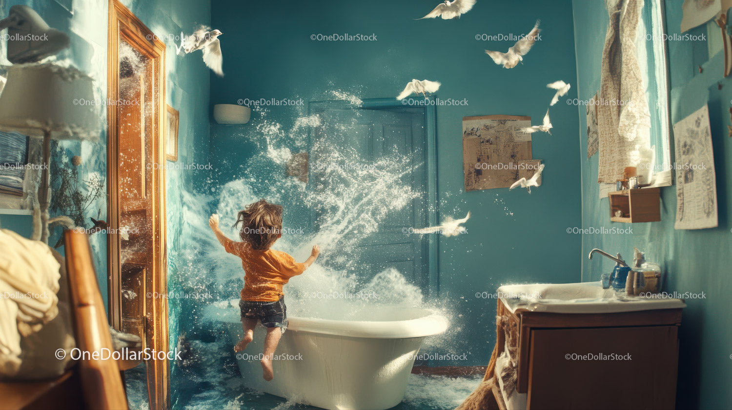 Child Playing in Flooded Bathroom Causing Water Splash and Chaos