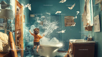 Child Playing in Flooded Bathroom Causing Water Splash and Chaos