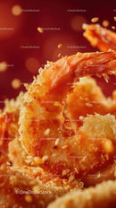 Golden Fried Shrimp Close-Up with Sesame Seeds and Crispy Breading