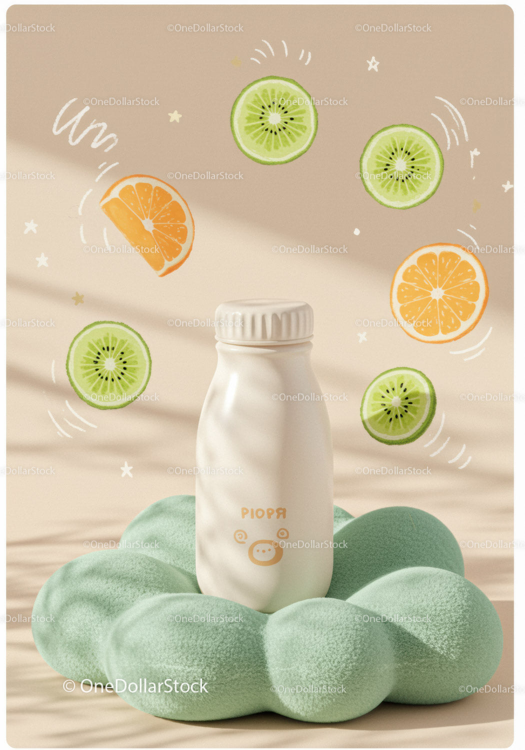 Minimalist yogurt bottle with fresh fruit illustrations