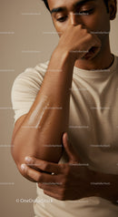 Young Man Reflecting Thoughtfully with Hand Near Face in Neutral Setting