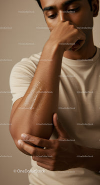 Young Man Reflecting Thoughtfully with Hand Near Face in Neutral Setting
