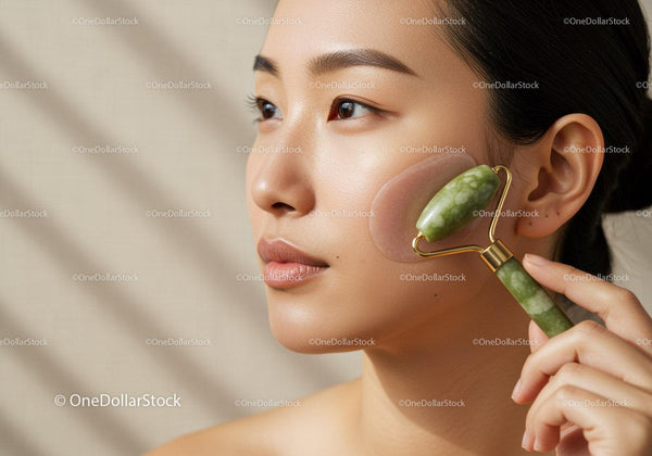 Young Woman Using Jade Roller for Facial Massage and Skincare