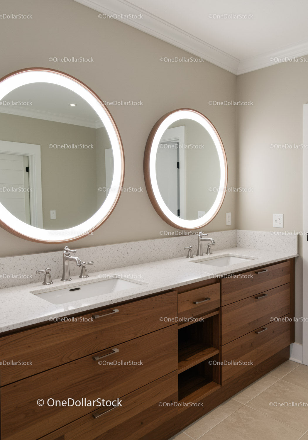 Modern Bathroom with Double Vanity and Illuminated Round Mirrors