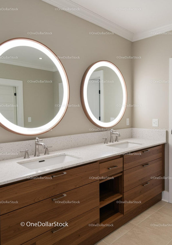 Modern Bathroom with Double Vanity and Illuminated Round Mirrors