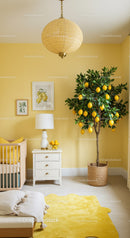 Bright Yellow and Green Living Room with Lemon Tree and Cozy Decor