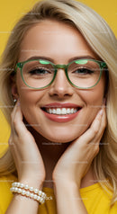 Smiling blonde woman wearing green glasses and pearls