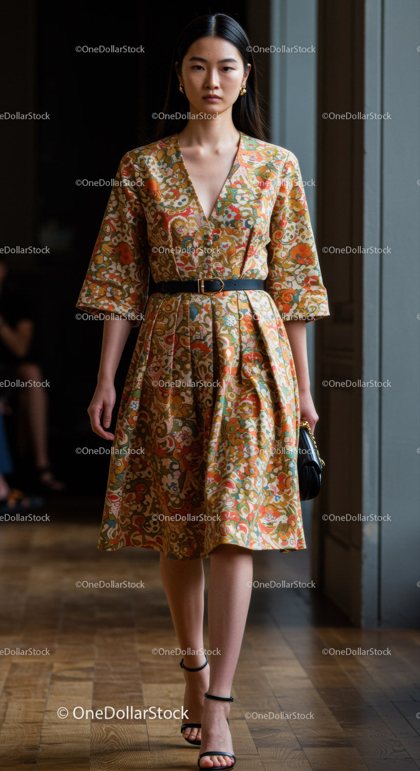 Elegant Floral Pattern Dress on Fashion Runway with Woman Walking