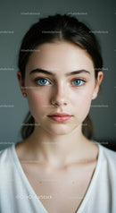 Portrait of a Young Woman with Bright Blue Eyes and Clear Skin